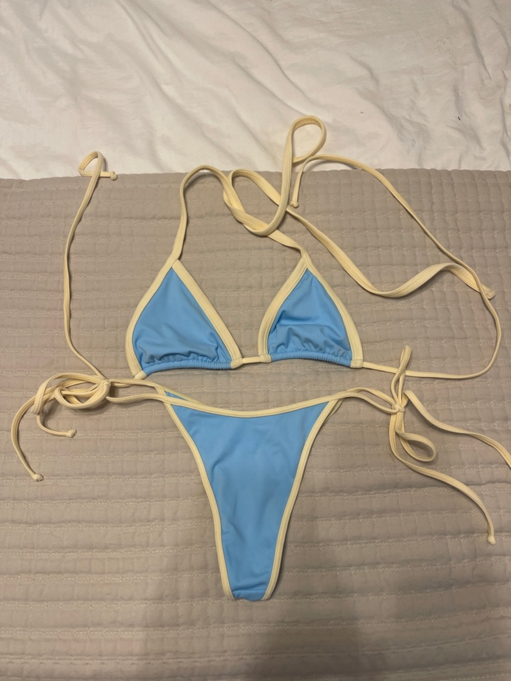 Palmeria Blue & Cream Bikini - Triangle Top (L) and Thong Tie-Side Bottoms (M)